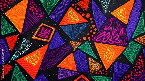 Abstract Geometric Shapes in Neon Hues, Acrylic on Canvas, Triangles, Circles, Lines, Art, Geometric