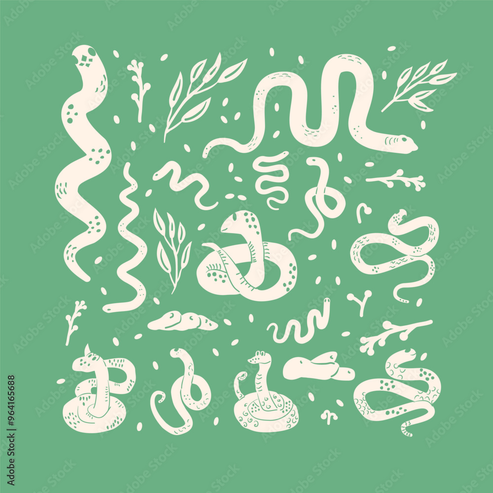 Green poster with various snakes. Vector hand drawn flat illustration Green poster with various snakes. Vector hand drawn flat illustration