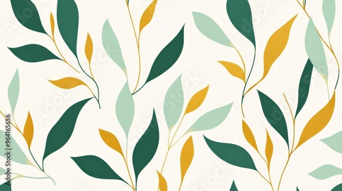 Abstract Green and Gold Leaf Pattern, Digital Illustration, Minimalist, Botanical, Nature, Pattern, Design