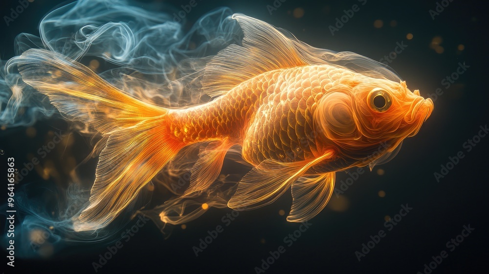 Fototapeta premium Abstract Golden Fish Swirling in Smoke