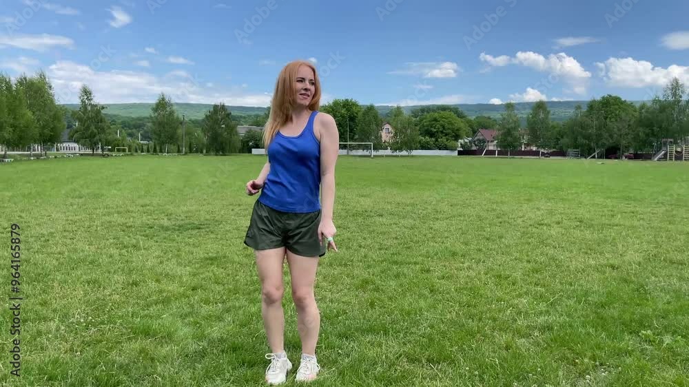 Young woman in sportswear joyfully dancing on a vibrant green grass field under a sunny blue sky, radiating happiness Young woman in sportswear joyfully dancing on a vibrant green grass field under a sunny blue sky, radiating happiness