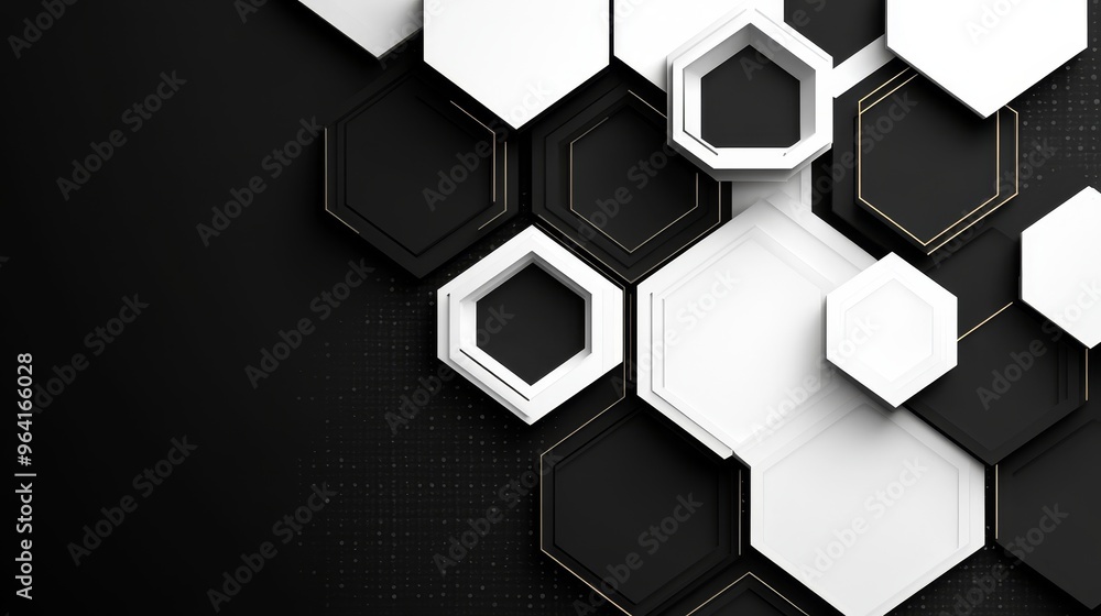 Abstract Hexagon Pattern with Gold Accents, Black and White Composition, Geometric Shapes, 3D Rendering, Geometric Patterns, Abstract Background, Graphic Design Abstract Hexagon Pattern with Gold Accents, Black and White Composition, Geometric Shapes, 3D Rendering, Geometric Patterns, Abstract Background, Graphic Design