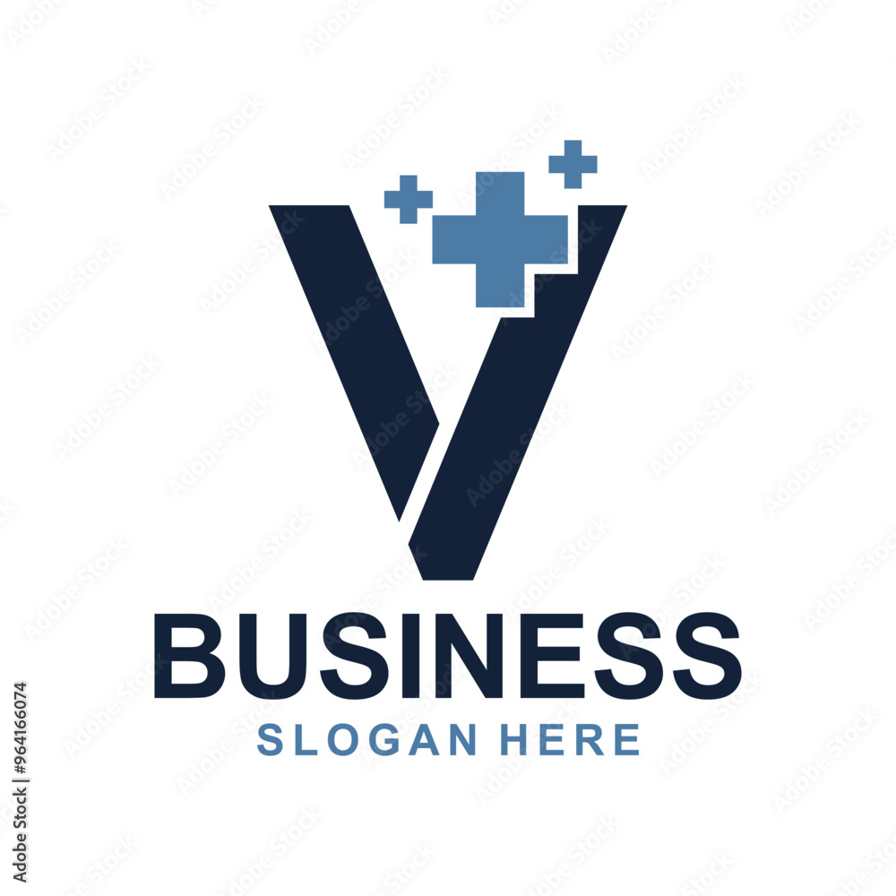 Obraz premium V Monogram with plus medical icon vector design, logotype element for template