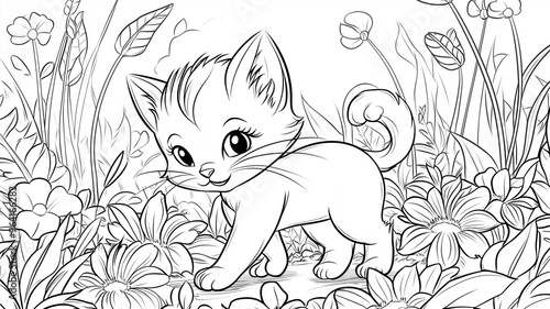 coloring page of a smiling kitten sitting among flowers, designed for kids