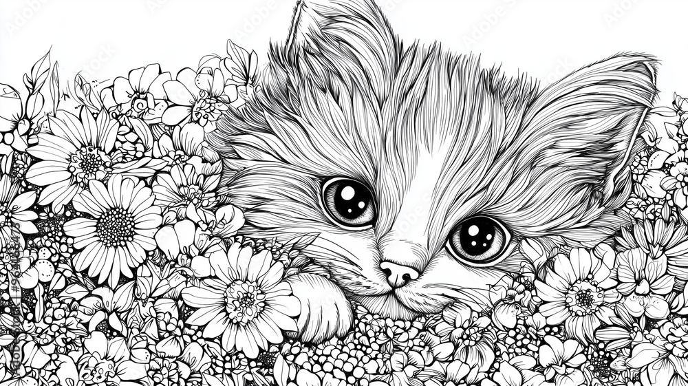 Fototapeta premium coloring page of a smiling kitten sitting among flowers, designed for kids
