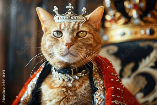 Regal orange tabby cat adorned in a sparkling crown and regal robe, exuding nobility and elegance, with a lavish throne in the background, showcasing the pet's whimsical royalty