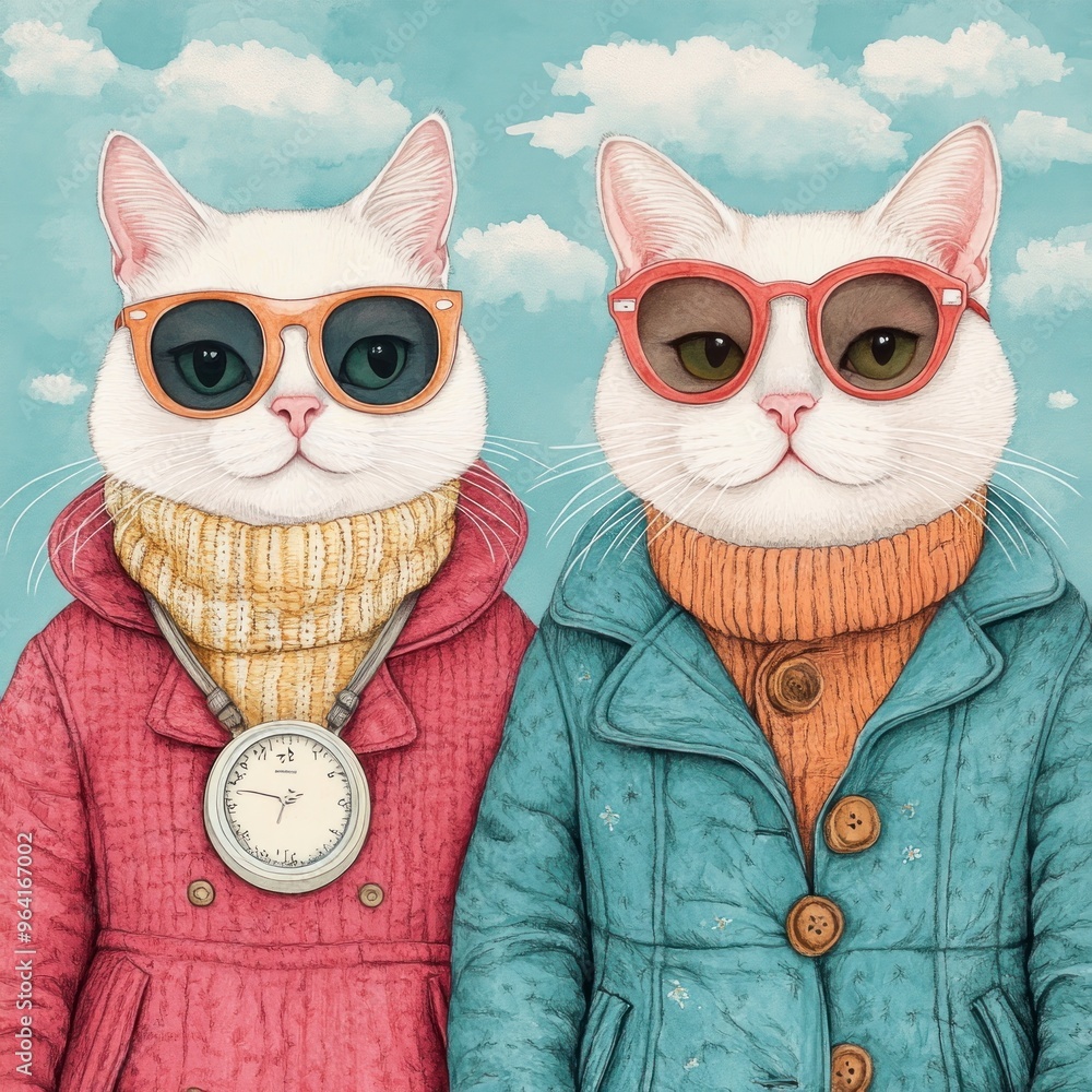 Fototapeta premium Stylish Cats in Winter Fashion.