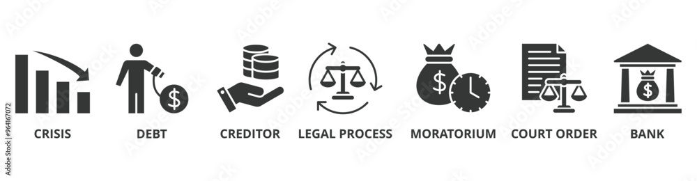 Bankruptcy banner web icon vector illustration concept with icon of crisis, debt, creditor, legal process, moratorium, court order, and bank Bankruptcy banner web icon vector illustration concept with icon of crisis, debt, creditor, legal process, moratorium, court order, and bank