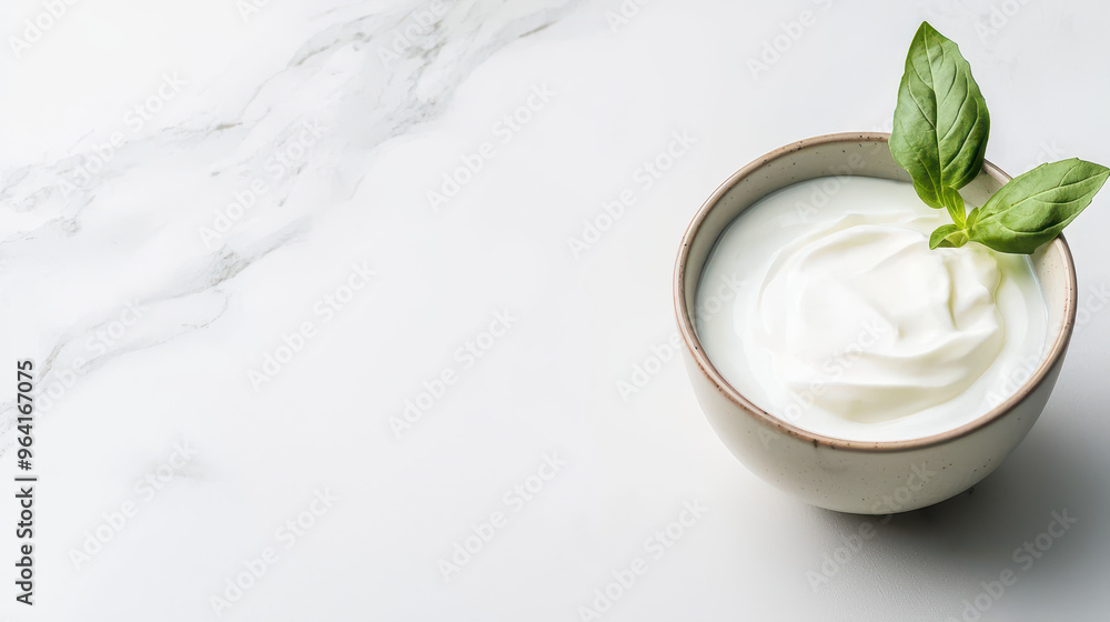 Creamy yogurt topped with fresh basil leaves in a rustic bowl on a light marble background Creamy yogurt topped with fresh basil leaves in a rustic bowl on a light marble background
