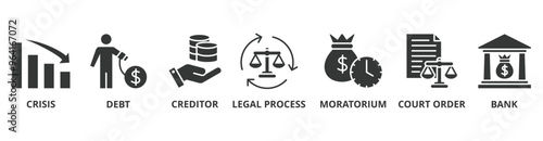 Bankruptcy banner web icon vector illustration concept with icon of crisis, debt, creditor, legal process, moratorium, court order, and bank