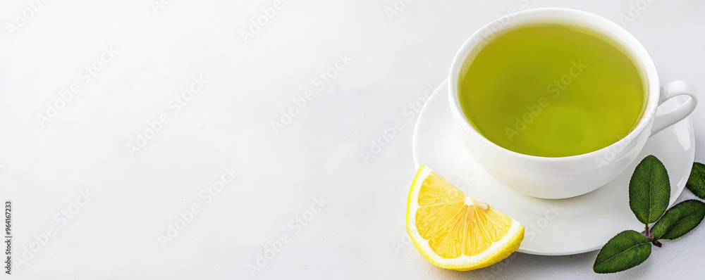 Cup of green tea with a lemon wedge on the side, rich in antioxidants, brain-stimulating beverage Cup of green tea with a lemon wedge on the side, rich in antioxidants, brain-stimulating beverage