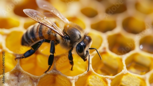 Closeup of bee meticulously crafting honeycomb cells