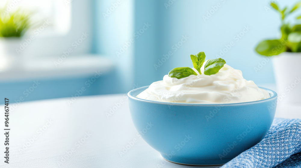 Whipped cream topped with fresh basil leaves in a light blue bowl, set against a soft blue background Whipped cream topped with fresh basil leaves in a light blue bowl, set against a soft blue background