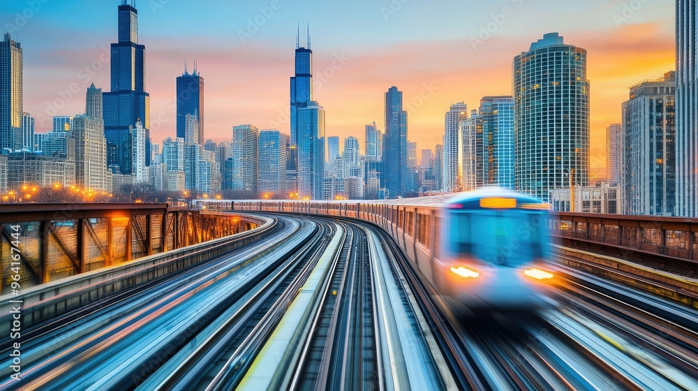 Speeding train passing through urban landscape Speeding train passing through urban landscape