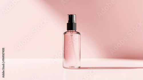 close-up shot of a transparent spray glass bottle with a black cap, presented in a vibrant and fresh cosmetic mockup