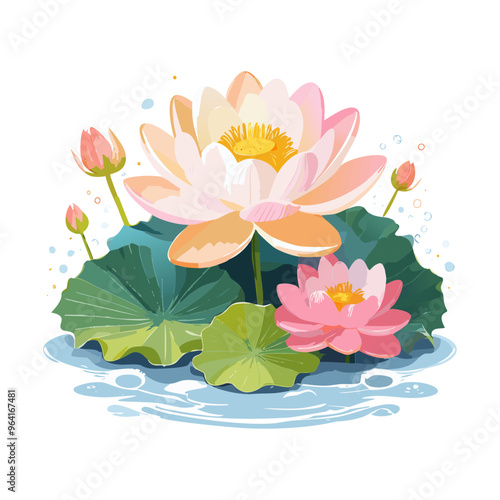 Colorful lotus flowers blooming in a serene pond surrounded by lush green leaves