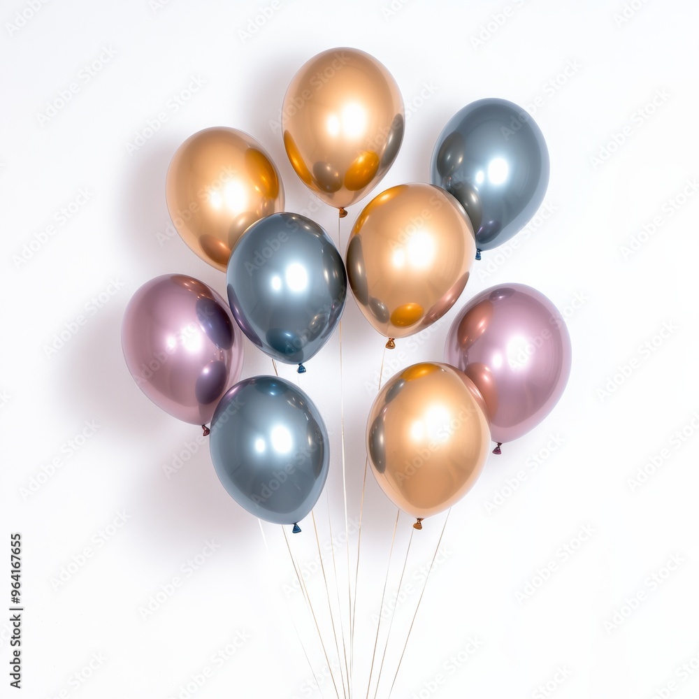 A bunch of glossy, metallic balloons in various colors, floating mid-air with subtle shadows and reflections, set against a white backdrop A bunch of glossy, metallic balloons in various colors, floating mid-air with subtle shadows and reflections, set against a white backdrop
