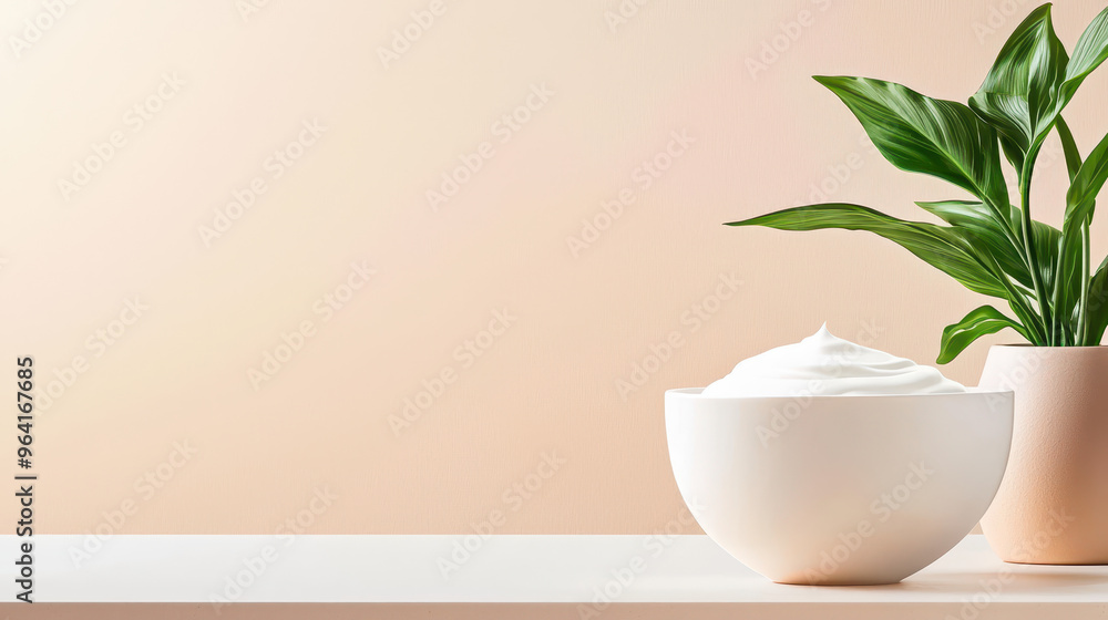 White ceramic bowl filled with whipped cream on a minimalistic table next to a green potted plant against a pastel background White ceramic bowl filled with whipped cream on a minimalistic table next to a green potted plant against a pastel background