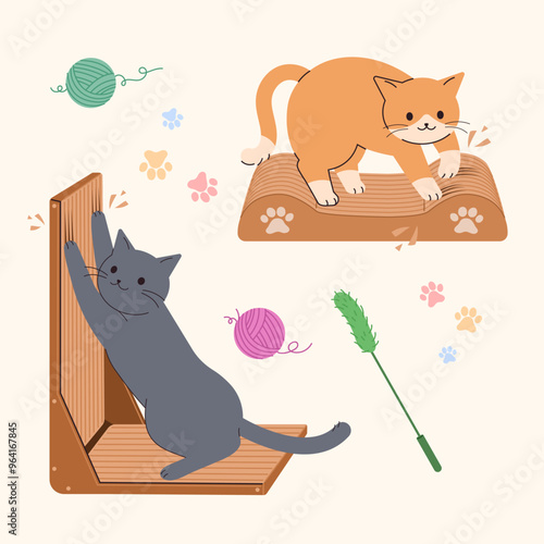  Illustration of a cat scratching its claws on cardboard.