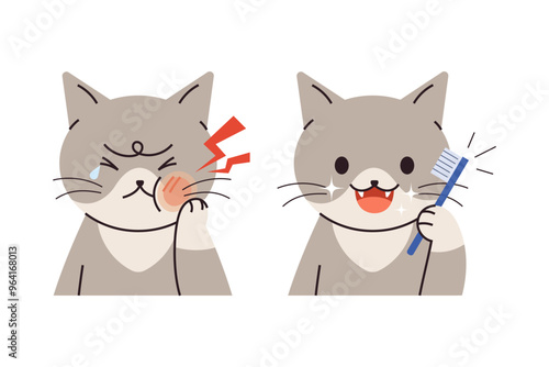 A comparison illustration of a cat suffering from toothache and a cat that took care of its teeth by brushing its teeth.