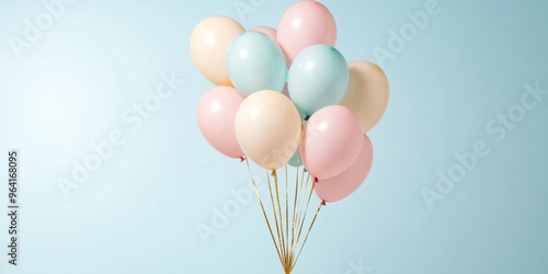 A bunch of pastel-colored balloons floating in the air with golden strings, creating a light and joyful celebratory atmosphere photo