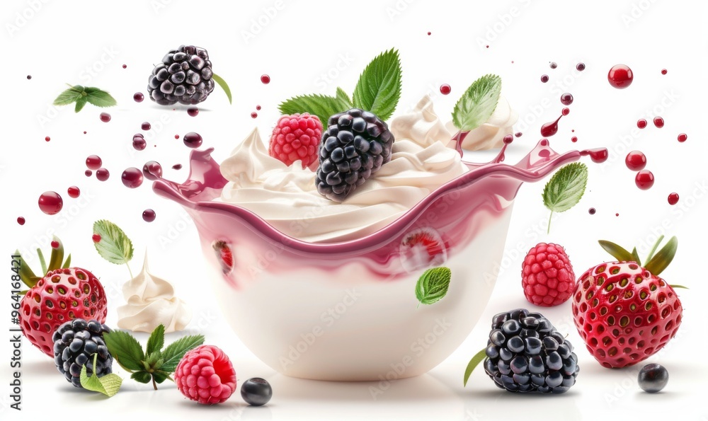 3d fresh summer cocktail, milk wave splash with forest berries. Realistic dairy drink flow with strawberry, blackberry, raspberry, green leaves and drops. Isolated on white background 3d fresh summer cocktail, milk wave splash with forest berries. Realistic dairy drink flow with strawberry, blackberry, raspberry, green leaves and drops. Isolated on white background