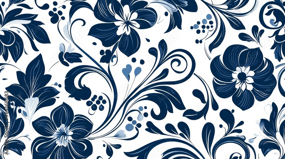 Fototapeta premium Blue and White Floral Pattern A Watercolor Swirl Design, watercolor, floral, pattern