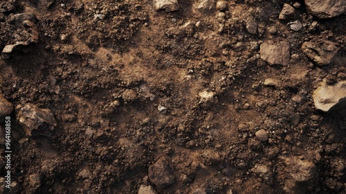 Closeup view of rugged soil surface that is scattered with various rocks and natural debris elements