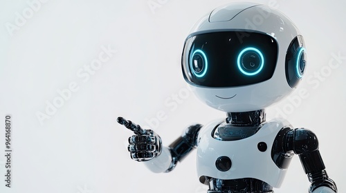 Adorable robot with a friendly expression pointing towards an empty space, perfect for copy or promotional messages in a futuristic theme