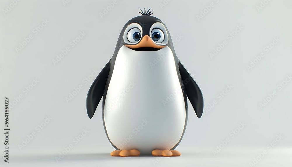Fototapeta premium Smiling Penguin Cartoon: A friendly, cartoon penguin with big, blue eyes and a cheerful smile stands on a white background, perfect for children's books, illustrations, and branding. 
