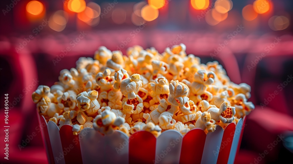 bucket of popcorn in front of the theater seats bucket of popcorn in front of the theater seats