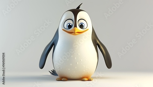 Smiling Penguin Cartoon Character: A charming and friendly cartoon penguin with big eyes and a cheerful smile, perfect for children's books, illustrations, and branding.  