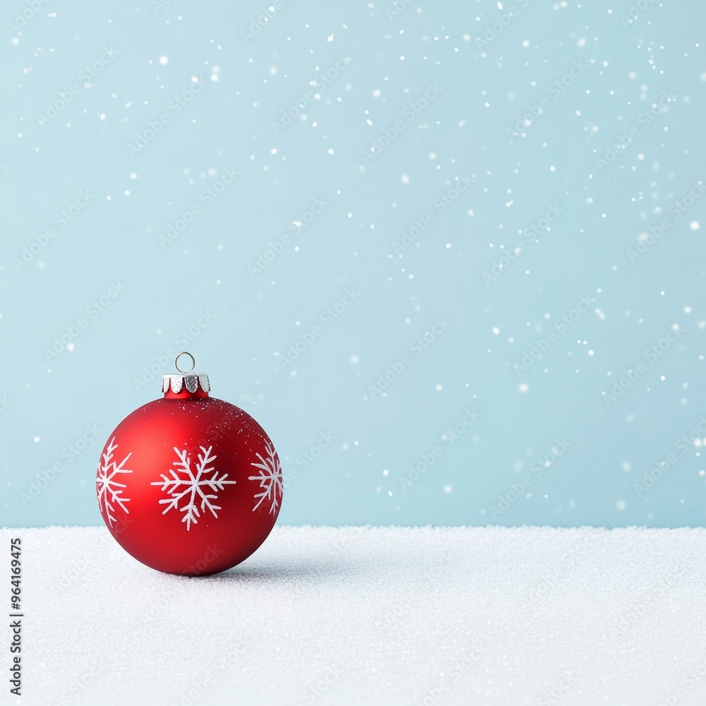 A minimalistic Christmas card featuring a festive red ornament and snowflakes set against a light blue snowy background A minimalistic Christmas card featuring a festive red ornament and snowflakes set against a light blue snowy background