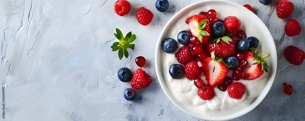 Yogurt with Strawberries, Raspberries, Blueberries, and Pomegranate Seeds Yogurt with Strawberries, Raspberries, Blueberries, and Pomegranate Seeds