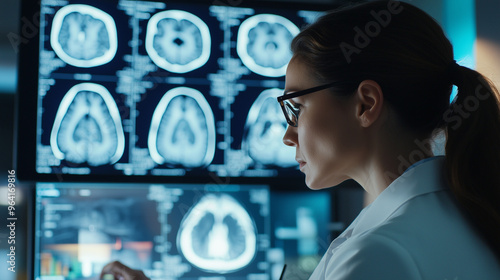 A female doctor, analyzing brain and neck MRI scans displayed on a large screen in front of her in a hospital setting