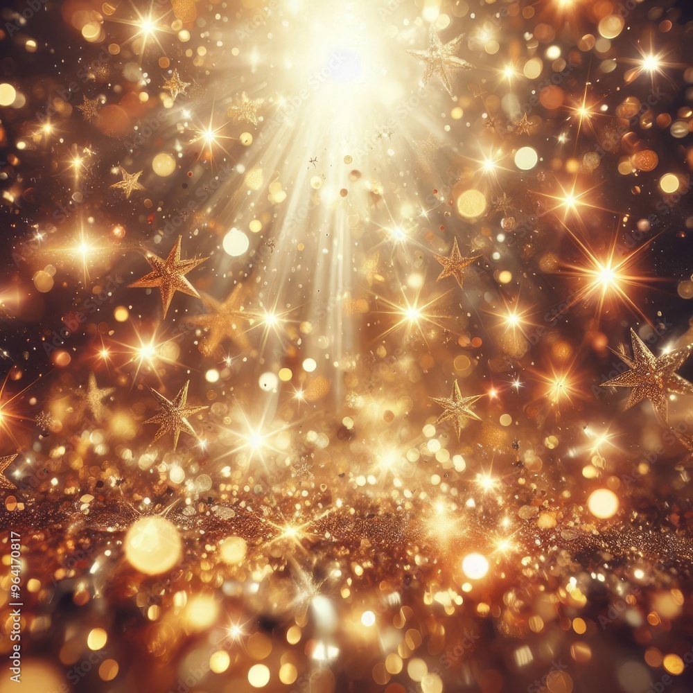 gold Sparkling Lights Festive background with texture. Abstract Christmas twinkled bright bokeh defocused and Falling stars. Winter Card or invitation
