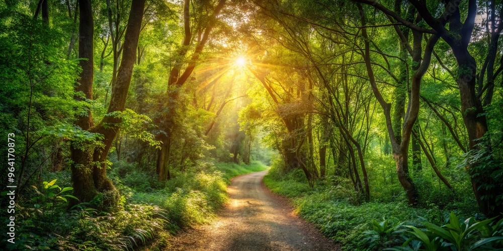 Fototapeta premium Sunlight filters through dense foliage on a winding forest path