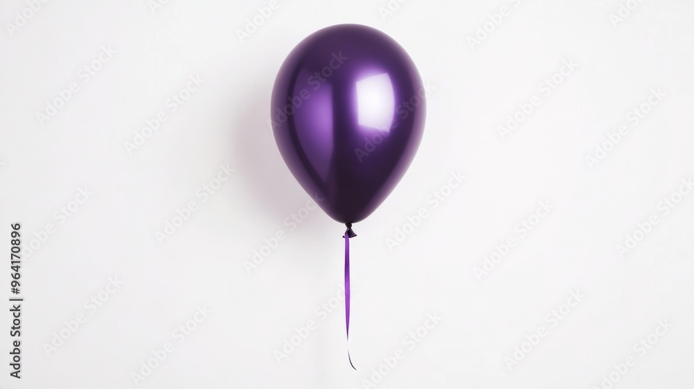 A shiny metallic balloon in a deep purple color, floating against a clean white background with a ribbon attached to the bottom A shiny metallic balloon in a deep purple color, floating against a clean white background with a ribbon attached to the bottom