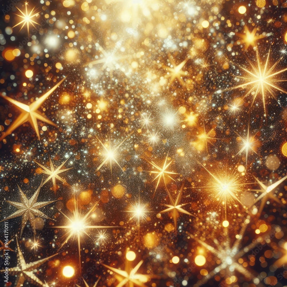 Fototapeta premium gold Sparkling Lights Festive background with texture. Abstract Christmas twinkled bright bokeh defocused and Falling stars. Winter Card or invitation 
