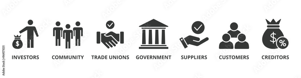 Stakeholder relationship banner web icon vector illustration concept for stakeholder, investor, government, and creditors with icon of community, trade unions, suppliers, and customers Stakeholder relationship banner web icon vector illustration concept for stakeholder, investor, government, and creditors with icon of community, trade unions, suppliers, and customers