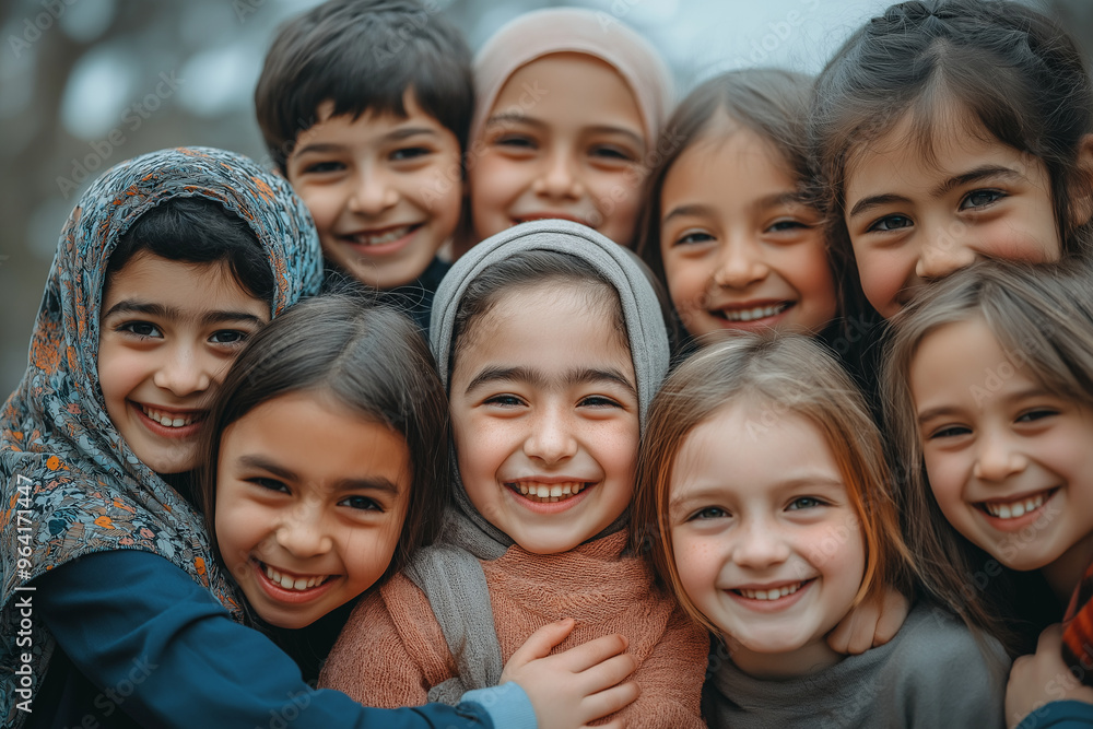 A group of children are smiling and hugging each other A group of children are smiling and hugging each other
