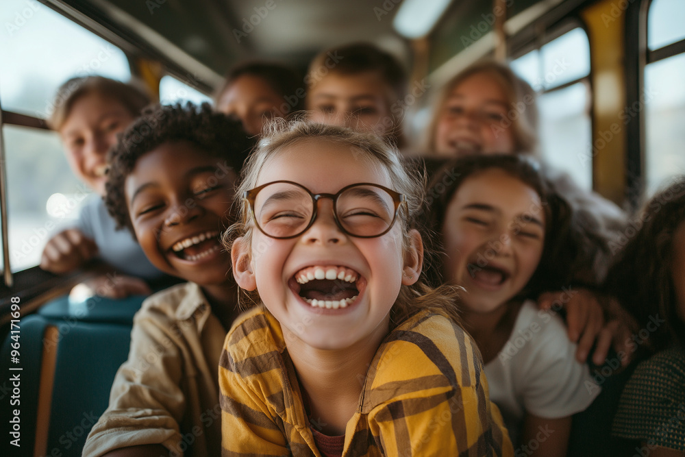 A group of children are smiling and laughing in a yellow school bus A group of children are smiling and laughing in a yellow school bus