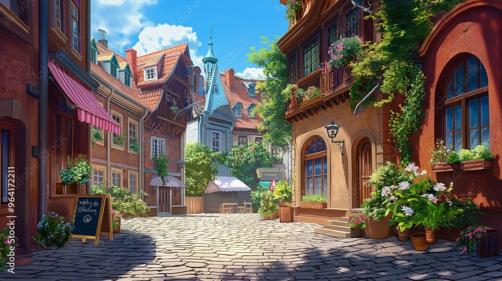 Fototapeta premium Scenic European Village Street Scene with Cobblestone Road, Quaint Buildings, and Lush Greenery under a Bright Blue Sky