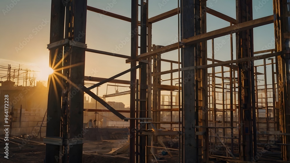 Multiple exposure image of construction site at dawn Multiple exposure image of construction site at dawn