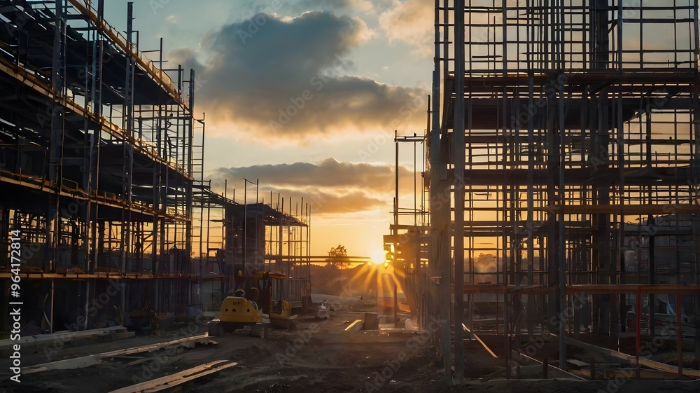 Multiple exposure image of construction site at dawn Multiple exposure image of construction site at dawn