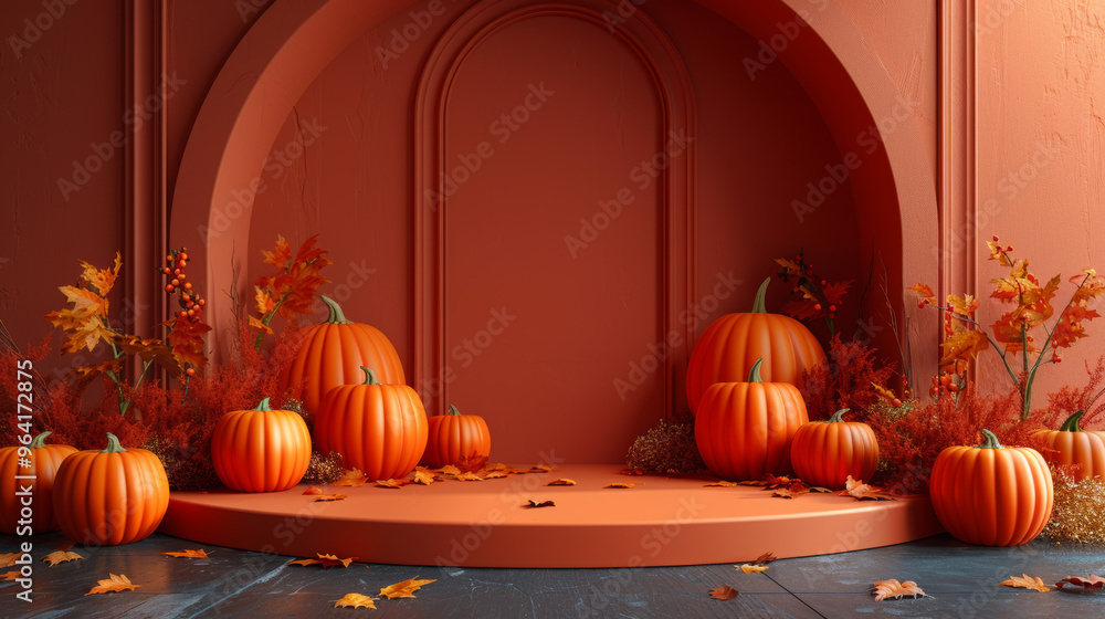 Obraz premium Halloween pumpkins on orange podium with seasonal decorations and bats, creating a festive autumn atmosphere in modern interior for spooky holiday celebration