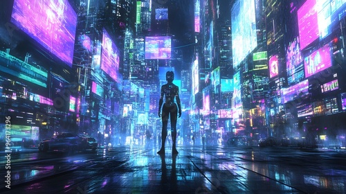 Wallpaper Mural A cybernetic figure standing in the middle of a neon-lit city, surrounded by holograms and digital screens Torontodigital.ca