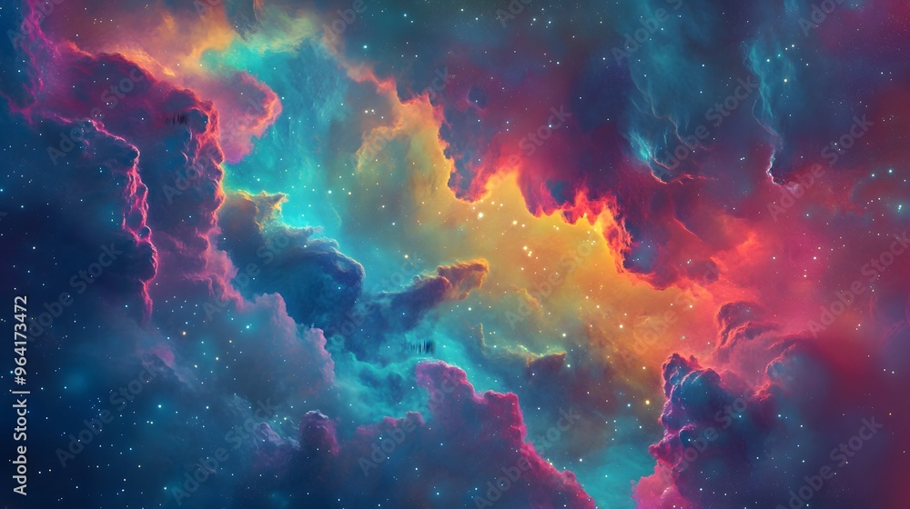 A cosmic nebula swirling with vibrant colors and abstract shapes floating through space A cosmic nebula swirling with vibrant colors and abstract shapes floating through space