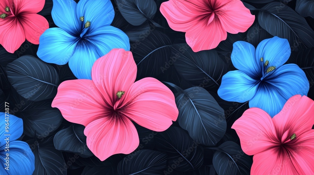Pink and Blue Hibiscus Flowers Against Dark Green Leaves, botanical art, tropical flora, nature , hibiscus, flowers Pink and Blue Hibiscus Flowers Against Dark Green Leaves, botanical art, tropical flora, nature , hibiscus, flowers