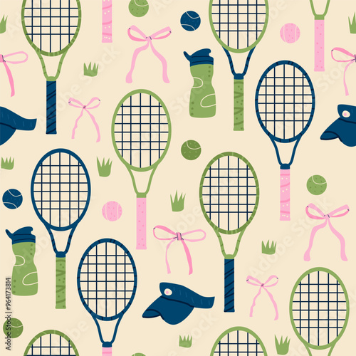 Preppy tennis seamless pattern. Coquette serve repeat background. Elegant sport vector continuous surface design.